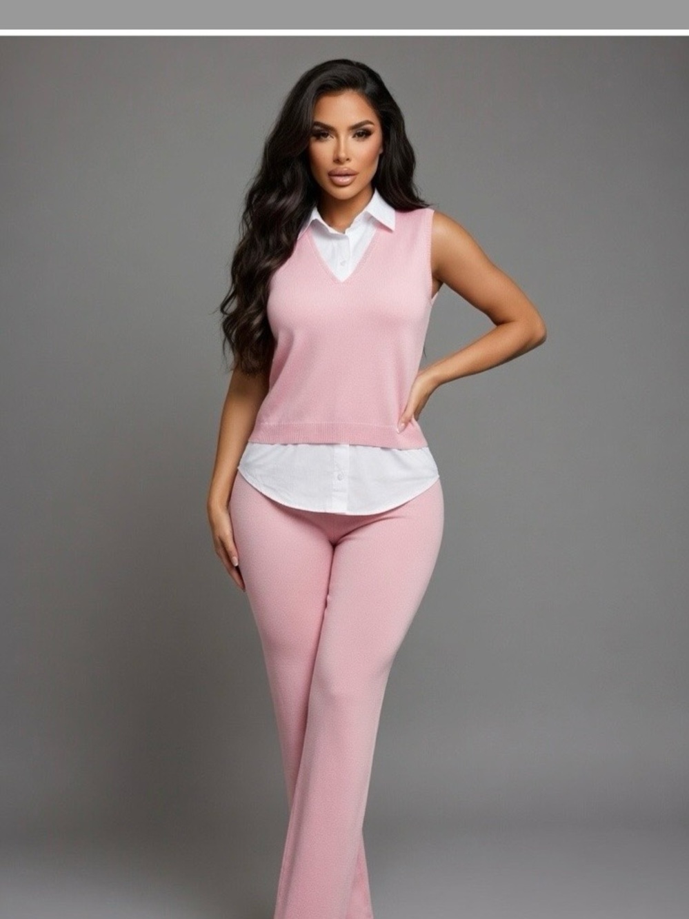 Pink Knit Two-Piece Set with White Shirt Detail